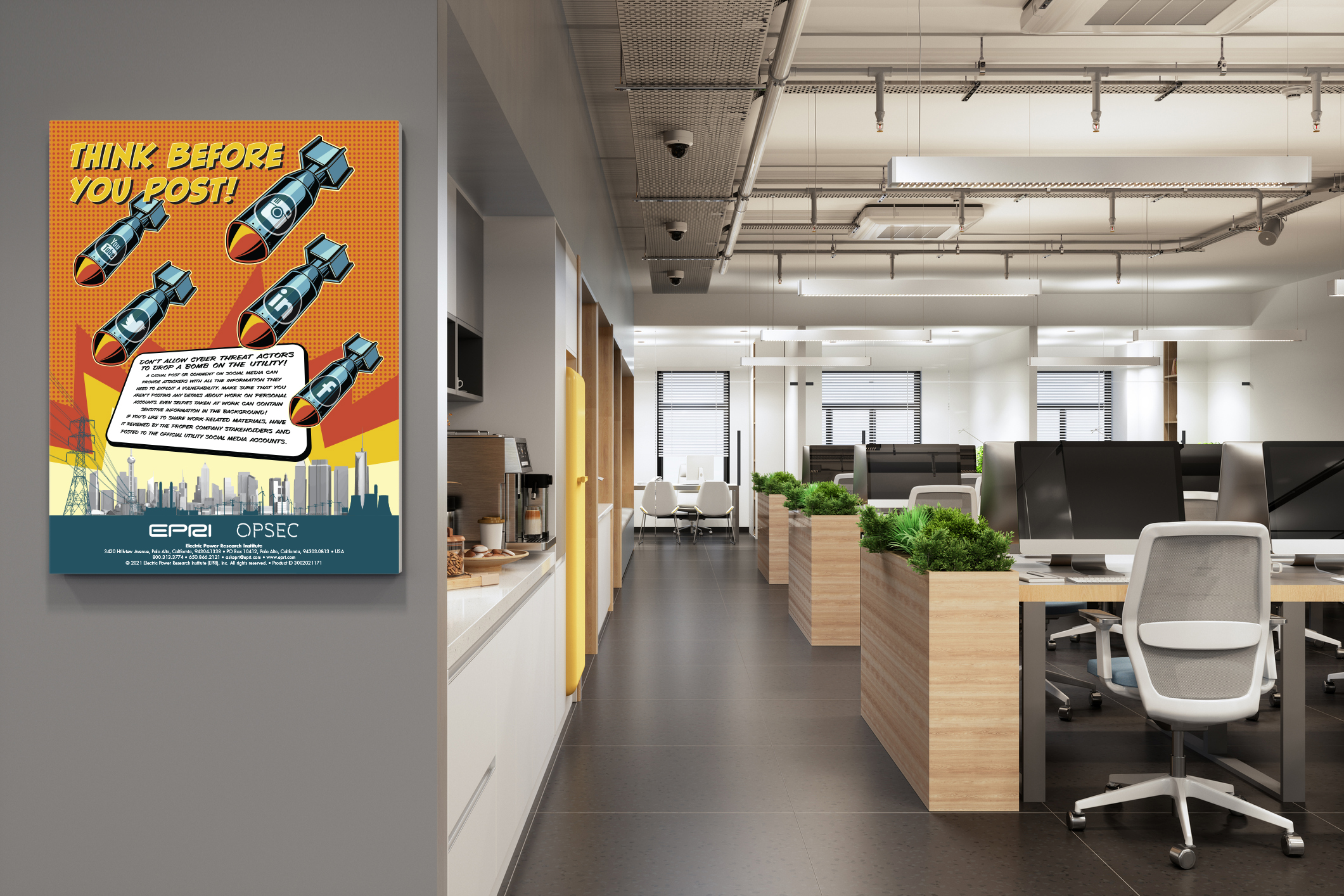 Interior Of An Empty Modern Open Plan Office With Empty Poster On The Wall